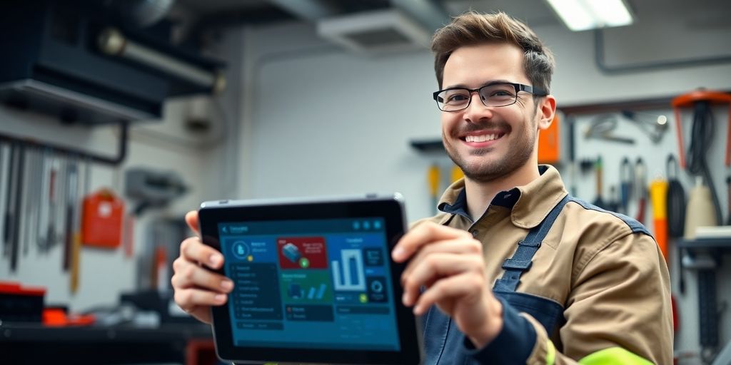 HVAC technician using a smart device with AI.