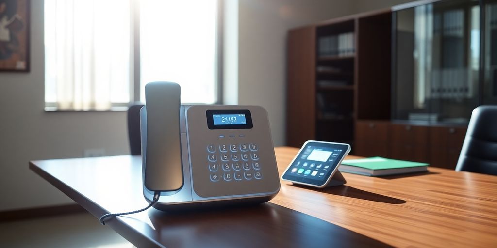 Law office desk with futuristic AI phone system.