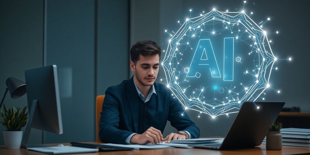Tax preparer interacting with a futuristic AI.