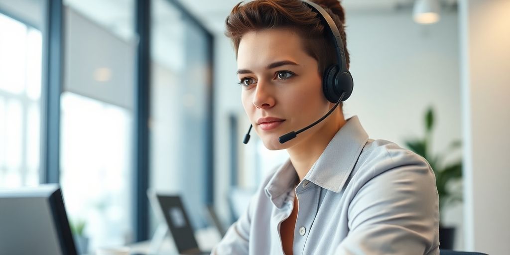 Tax preparer smiling with a headset.