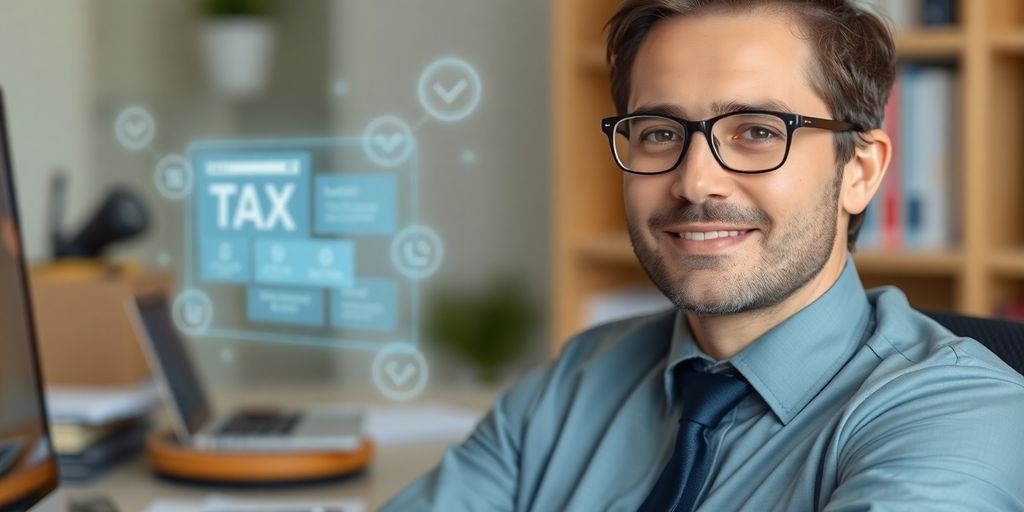 Tax preparer smiling with a virtual assistant icon.