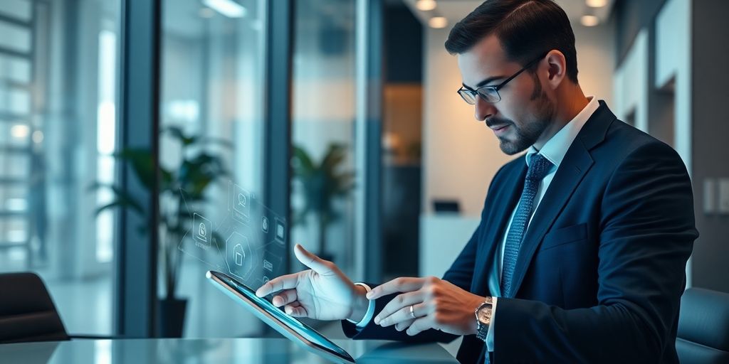 Lawyer in office using AI phone system.