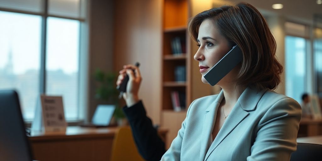 Family lawyer talking on phone with AI assistant interface.