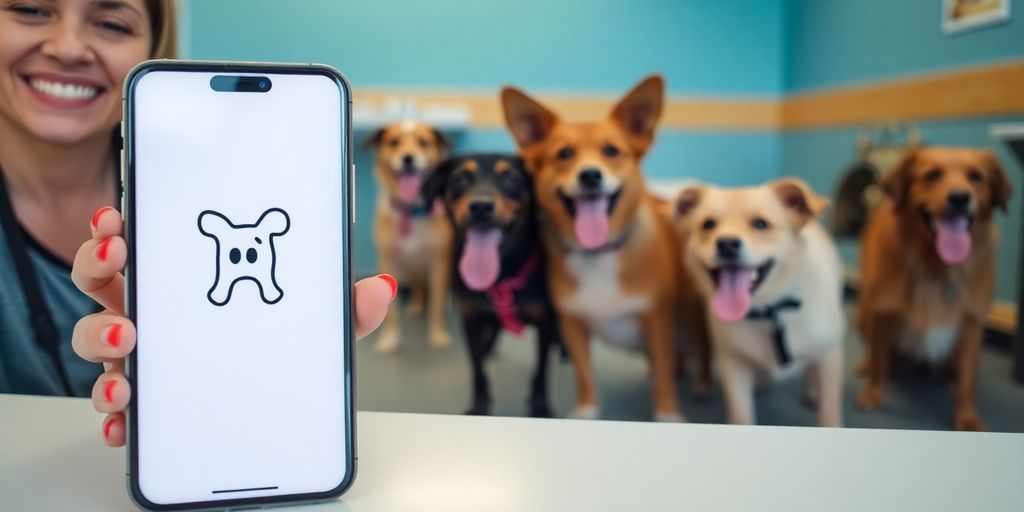 Happy dogs playing near a modern phone.