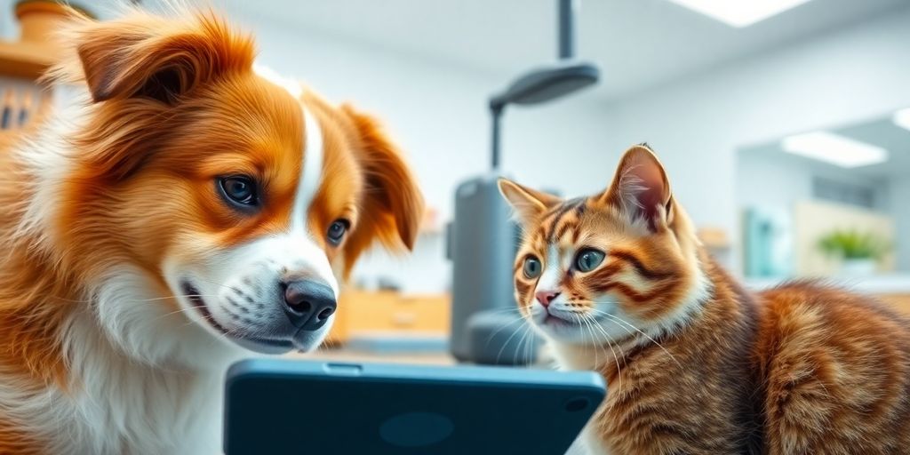 A happy dog and cat looking at a smartphone.