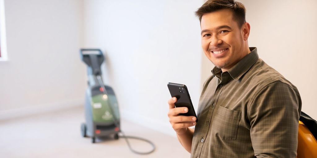 Carpet cleaner receiving call on phone.