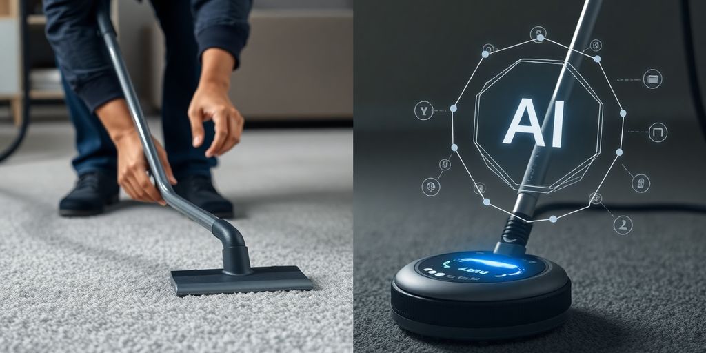 Clean carpet fibers with AI assistance.