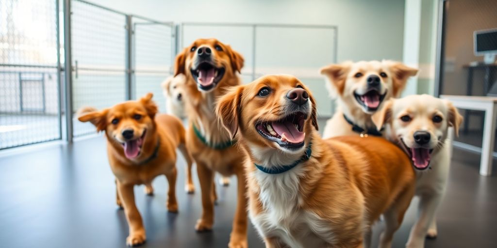 Happy dogs playing near a modern phone.