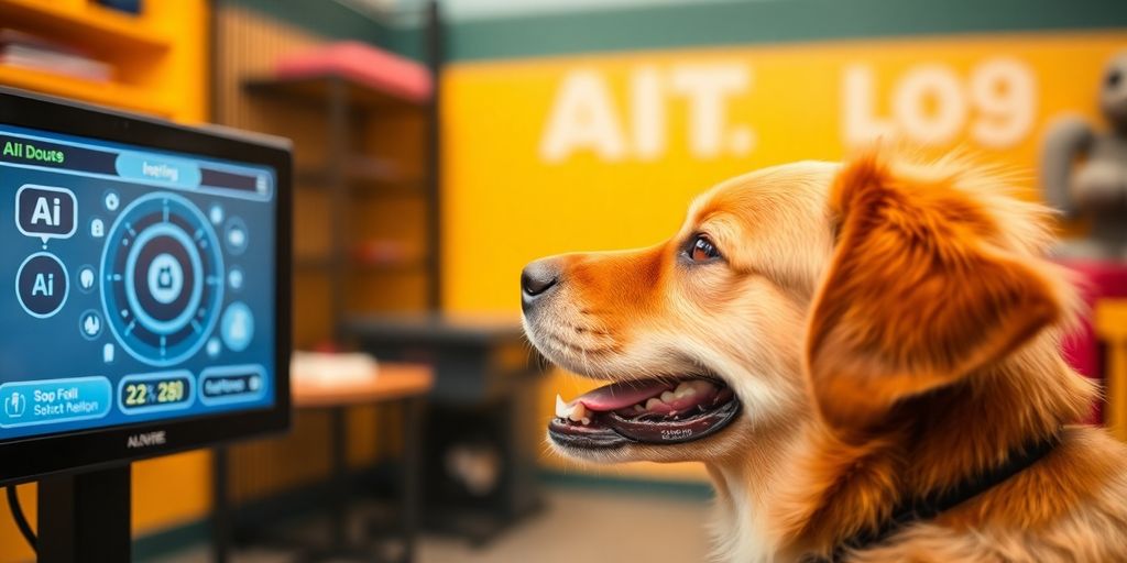 Happy dog looking at a tablet with AI interface.