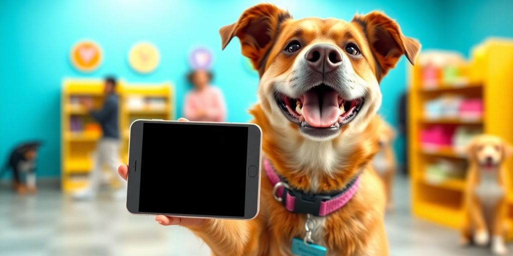 Happy dog receiving a call on a smartphone.