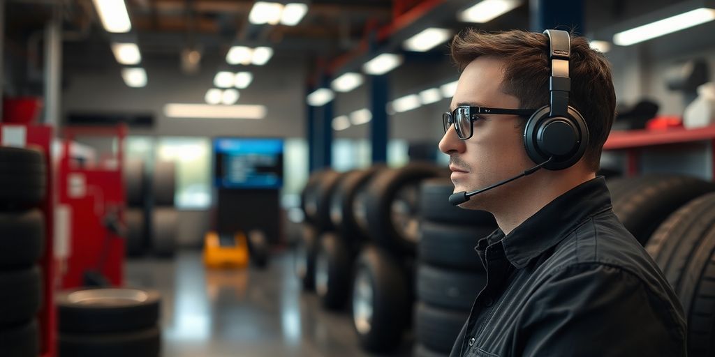 Tire shop owner smiling with AI headset.