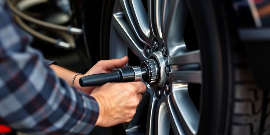 Mechanic adjusting car wheel alignment with tools.