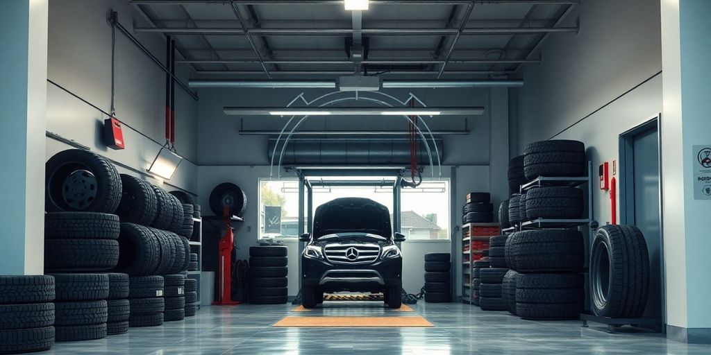 Modern tire shop interior with AI interface overlay.