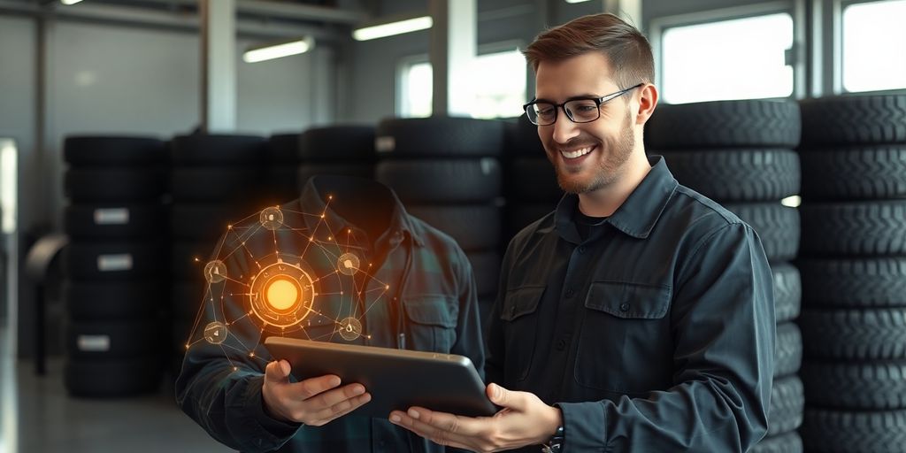 Tire shop owner smiling with AI interface.