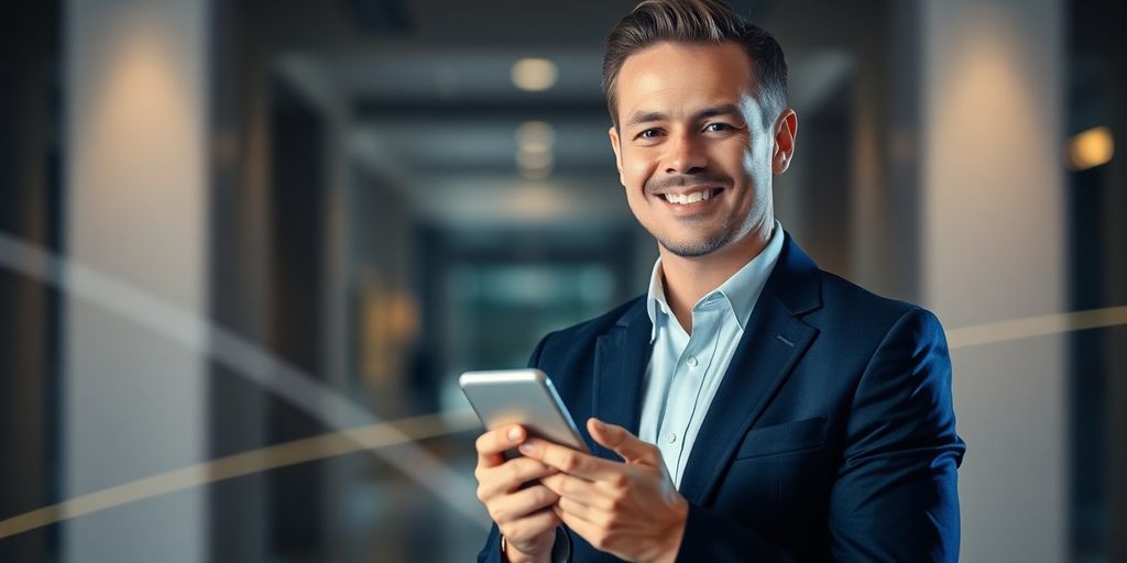 Real estate agent smiling with smartphone, AI answering calls.