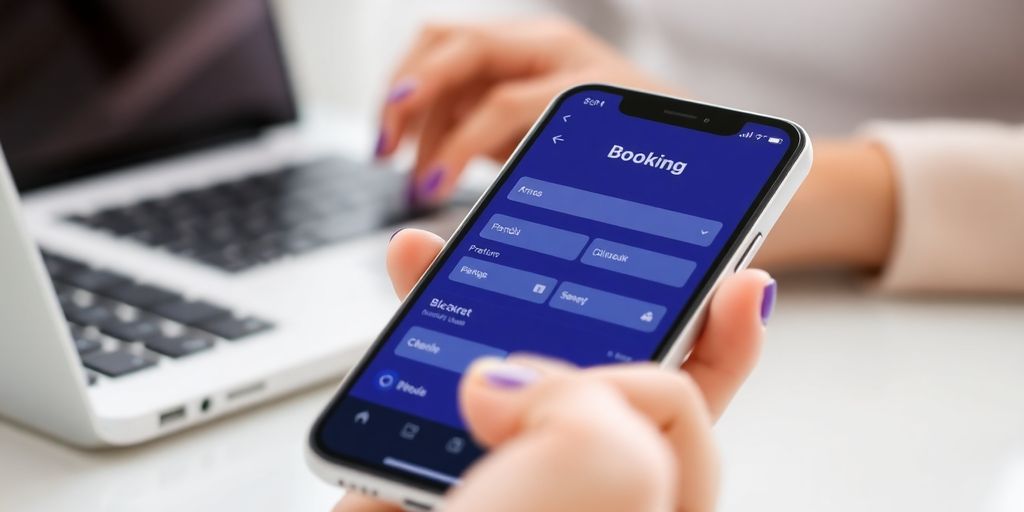 Woman happily booking lash appointments on a phone.