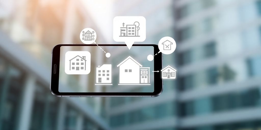 Smartphone displaying property listings and communication icons.