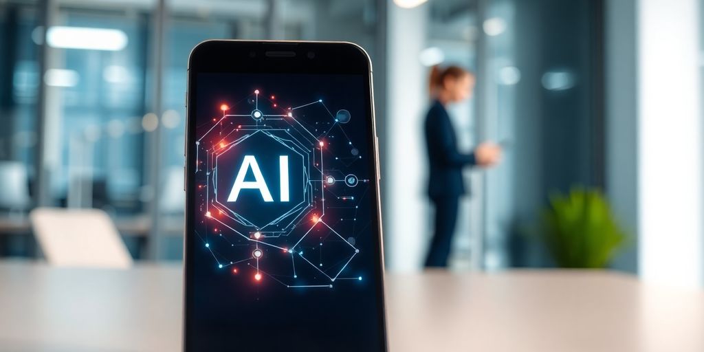 Modern office worker with phone and AI interface.