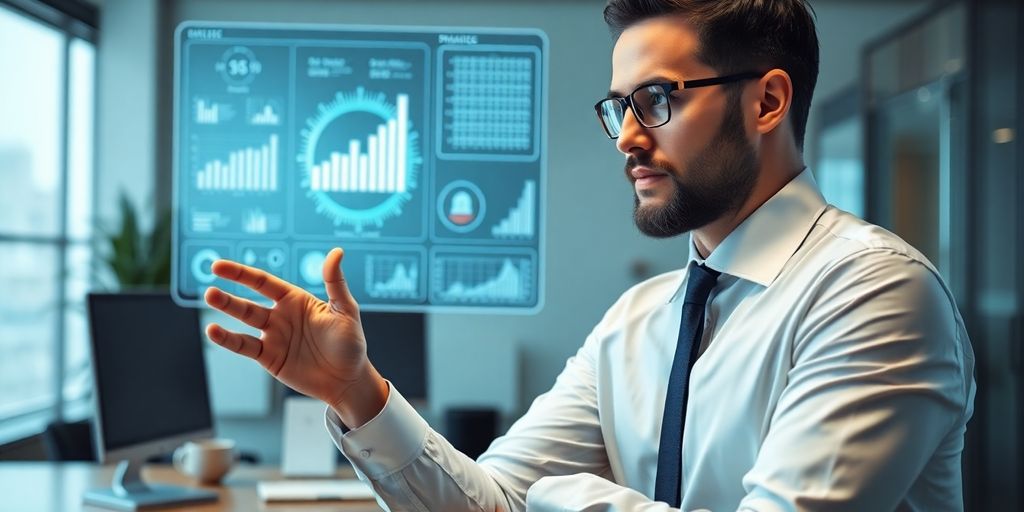 Accountant using AI phone system for practice insights.