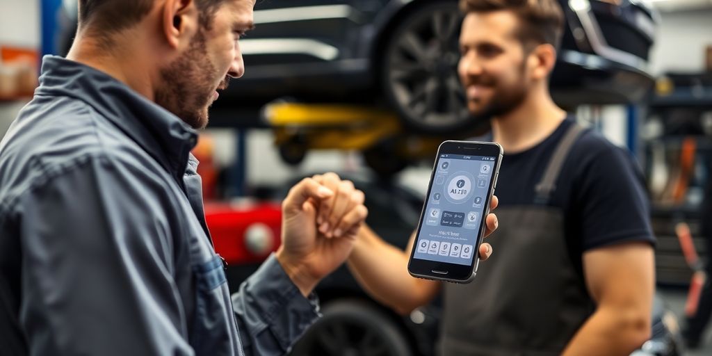 Mechanic talking on phone with AI bot interface.