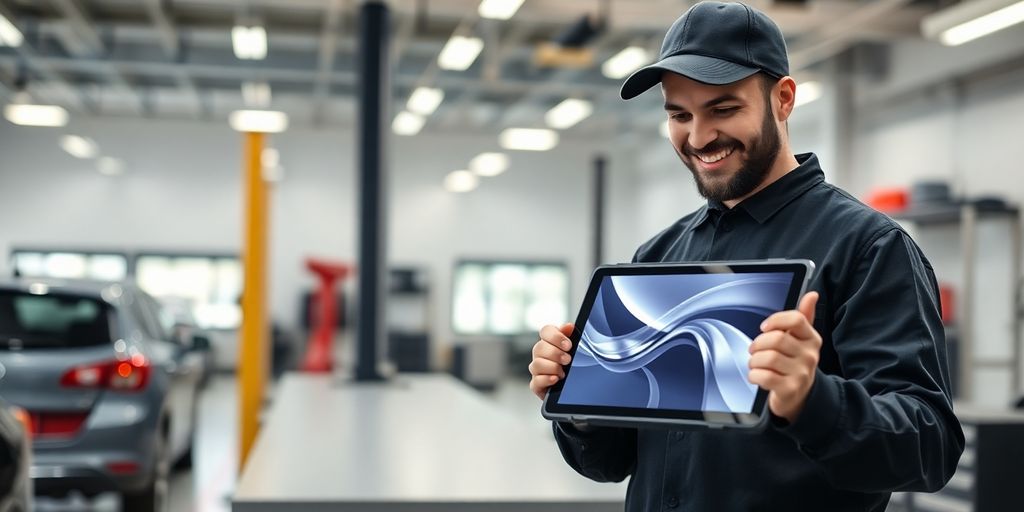 Mechanic using AI system for auto repair shop.
