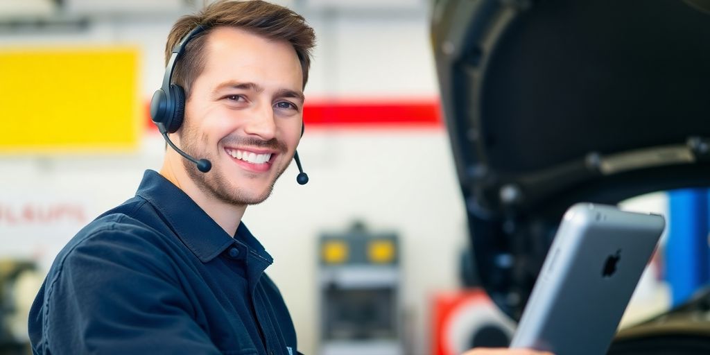 Car service technician speaking into headset.