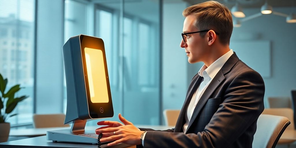 Lawyer using AI phone system for client communication.