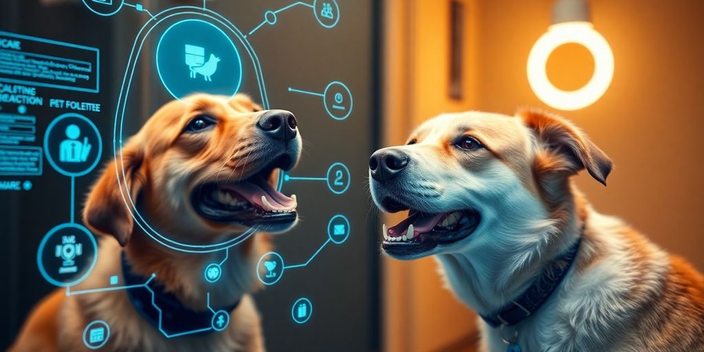 AI assistant interacting with happy dog in kennel.