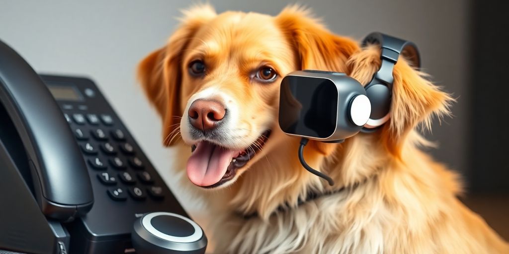 Happy dog and AI headset near a phone.