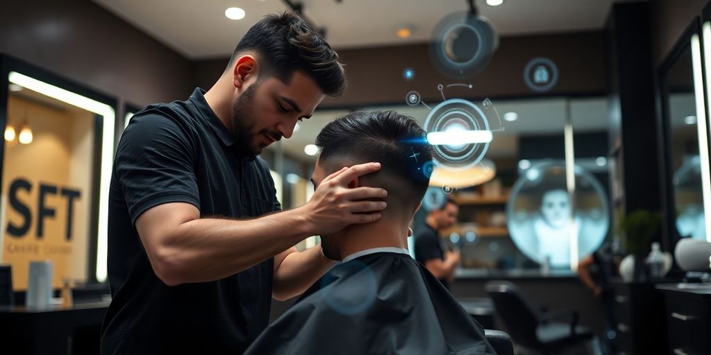 Barber cutting hair, AI interface overlay.