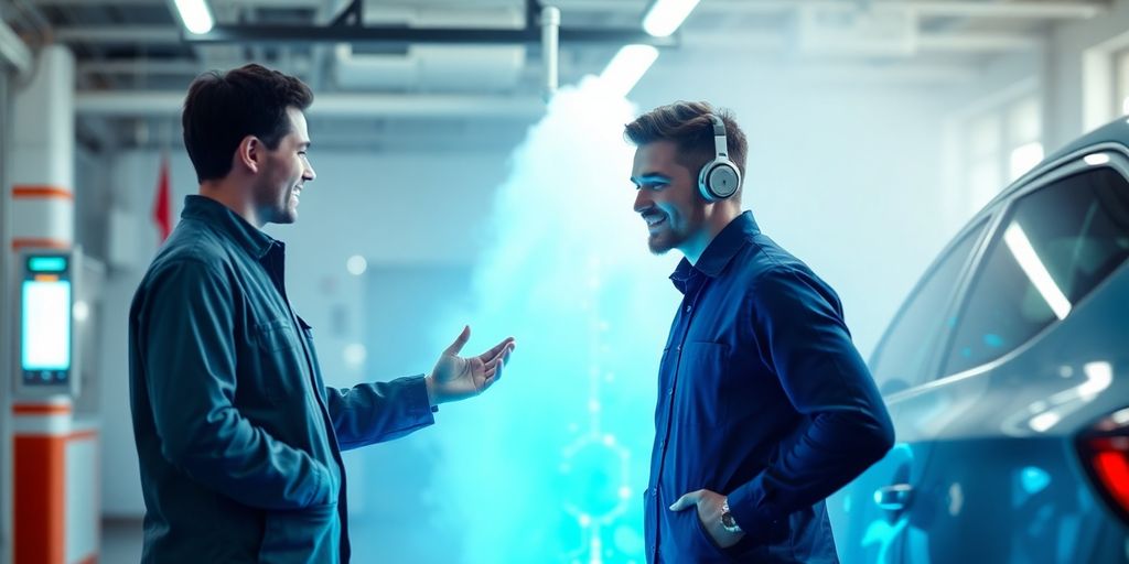 Car wash attendant speaking into headset, AI bot nearby.