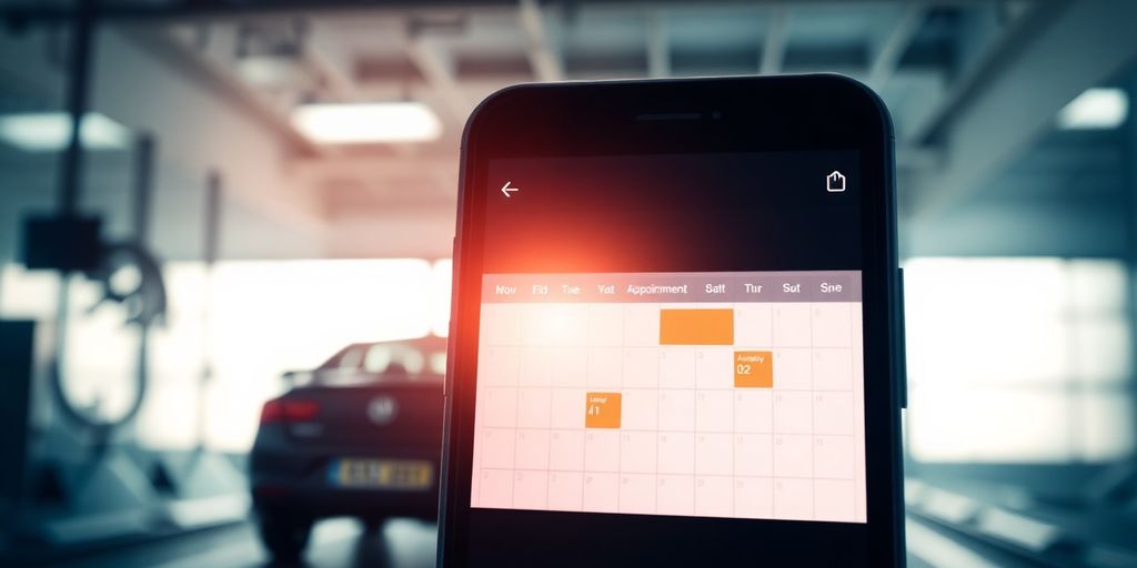 Car wash attendant smiling beside futuristic appointment system.
