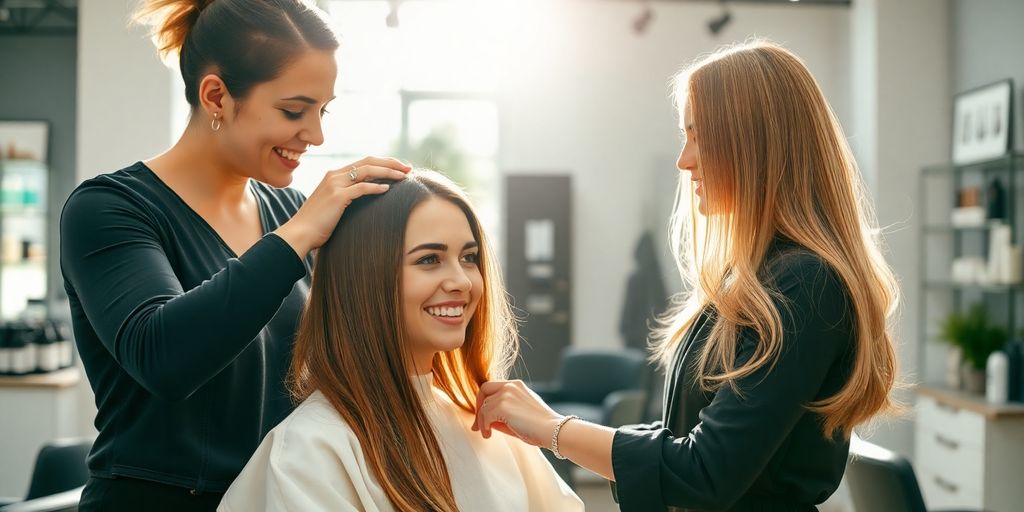 Hair salon interior with happy client and stylist.
