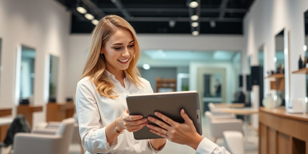 Salon owner smiling at a smartphone displaying appointment confirmations.