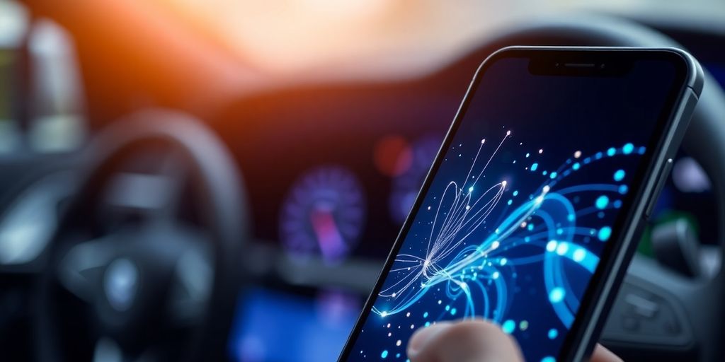 Futuristic car interior with AI interacting with phone.