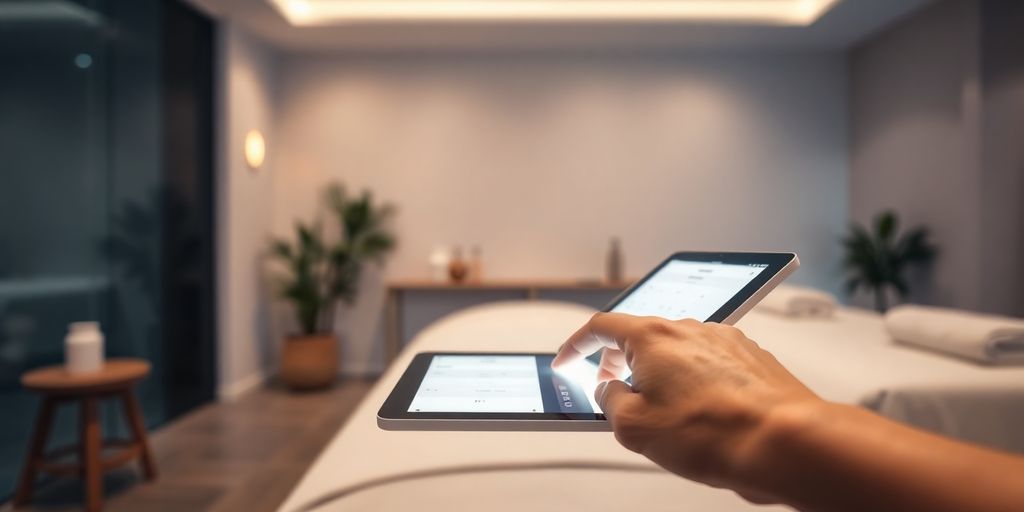 Massage therapist booking appointment on digital device.