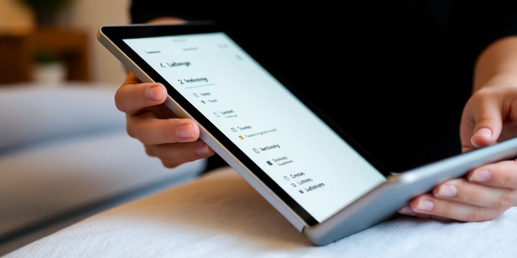 Massage therapist hands scheduling appointments on a digital device.