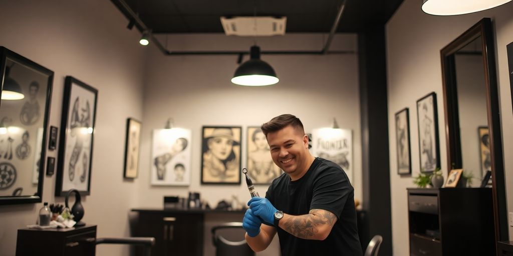 Tattoo artist consulting with client in modern studio.