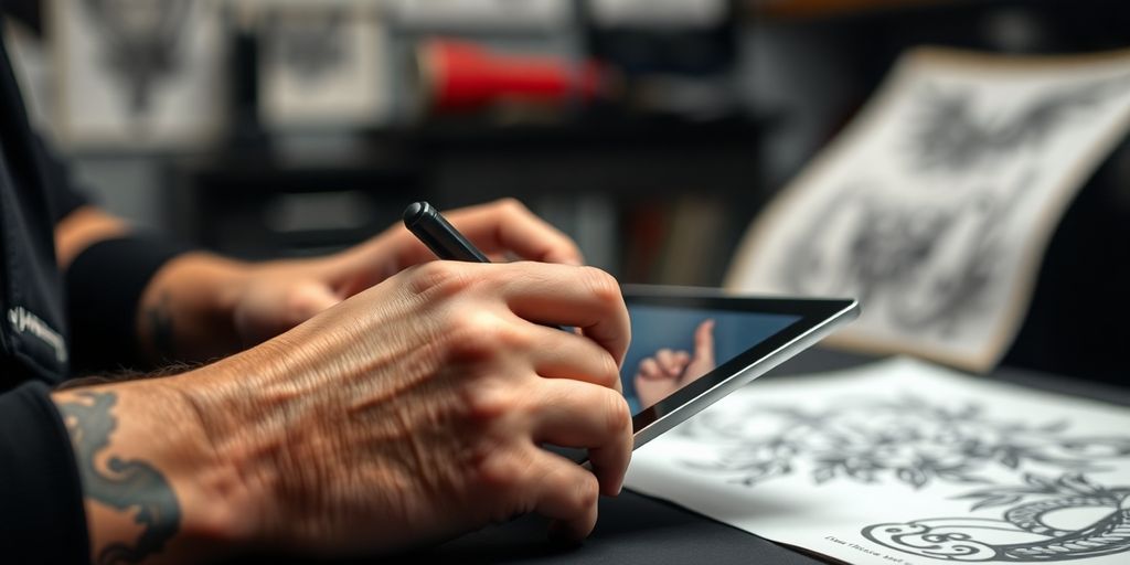 Tattoo artist consulting with client on digital tablet.