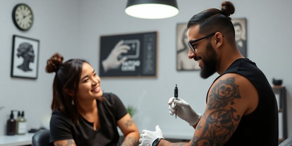 Tattoo artist and client smiling with digital appointment interface.