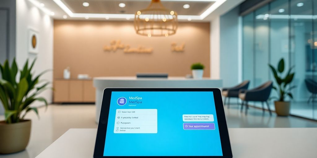 Medspa reception desk with AI chatbot interface.