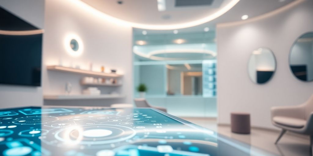 Cosmetic clinic interior with modern technology elements.