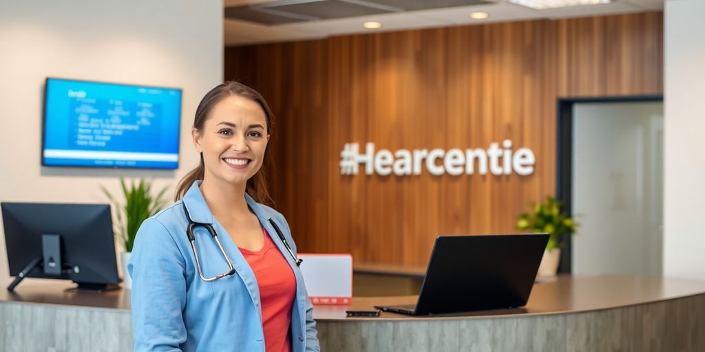 Hearing center desk with a smiling AI receptionist.