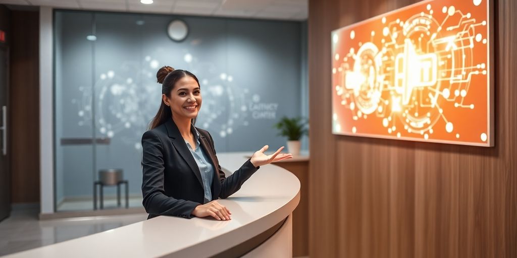 Hearing center professional interacting with digital interface.