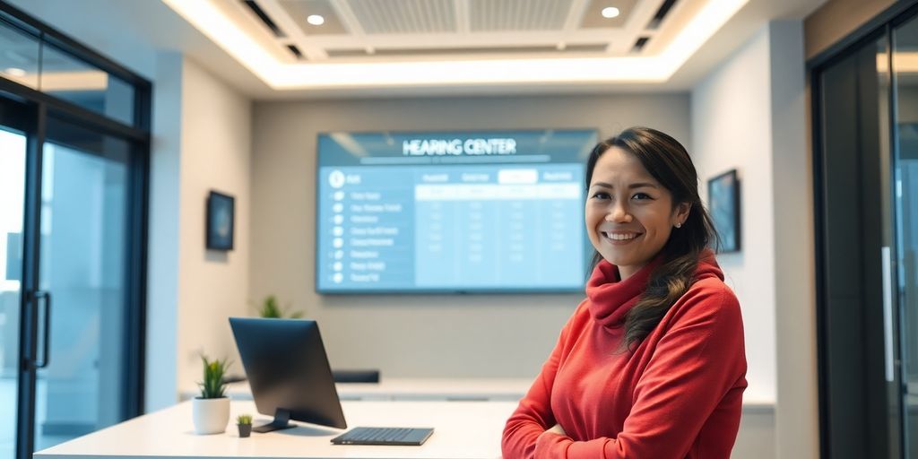 Hearing center reception with friendly AI bot assisting patient.