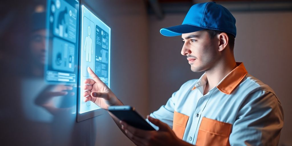 Plumber checking digital interface with futuristic glowing elements.