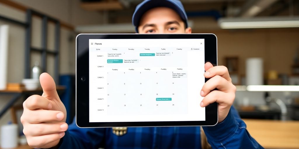 Plumber interacting with AI interface on tablet.