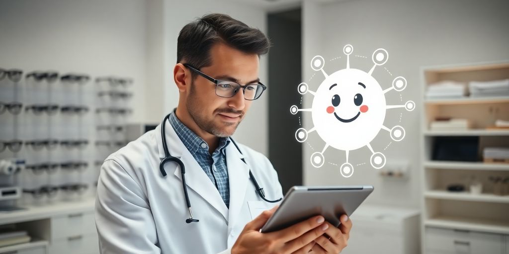 Optometrist using AI assistant on screen.