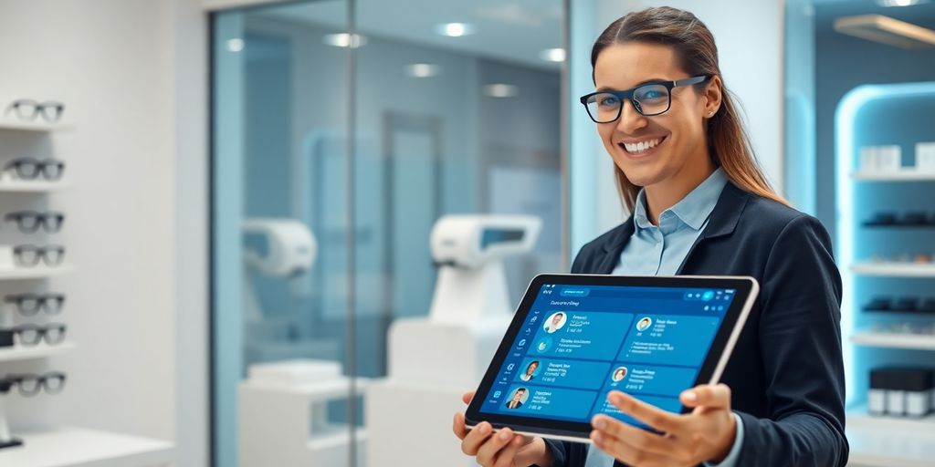 Optometrist smiling with AI interface on screen.