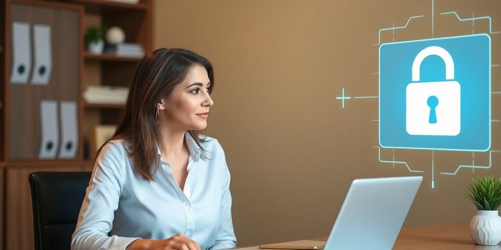 Therapist using AI appointment setter, secure data.